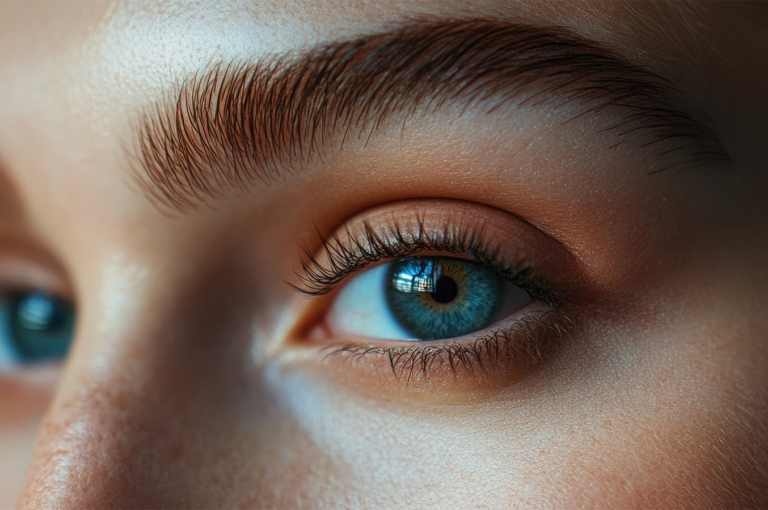 Close-up of blue eye with natural brows showing skin texture and facial harmony.
